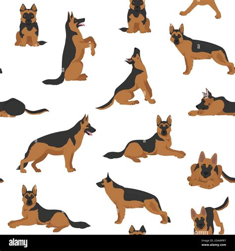 German shepherd dogs in different poses. Shepherd characters seamless pattern. Vector ...