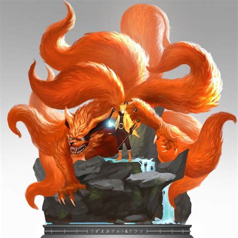 an orange creature with long hair standing on top of a rock next to a waterfall