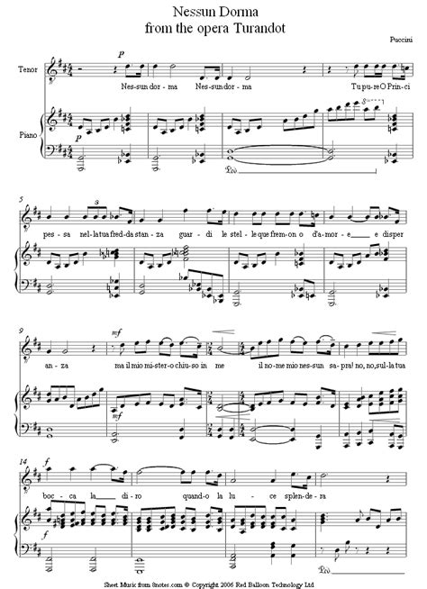 Puccini - Nessun Dorma from Turandot sheet music for Voice | Sheet music, Free sheet music ...