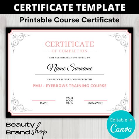 Editable Certificate Template, Stylish Certificate, Pink Course Award, Printable Eyebrows ...