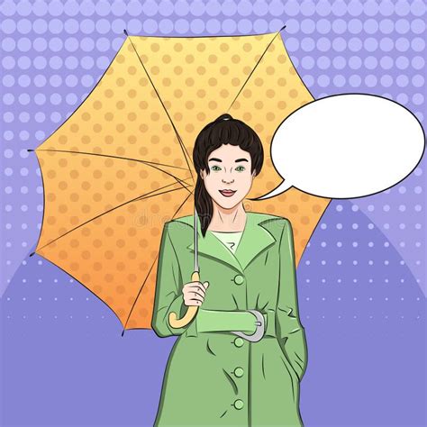 Pop Art Background. Girl Under An Umbrella In A Raincoat, Rain In Spring. Vector Text Bubble ...