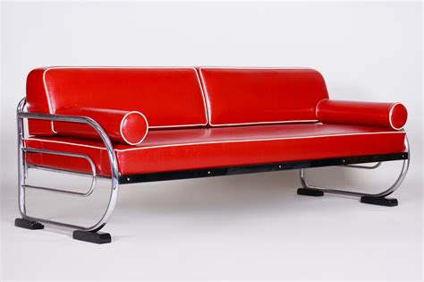 Bauhaus Red Tubular Chromed Steel Sofa by Robert Slezák, 1930s | #119876