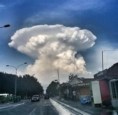 Giant cumulonimbus cloud engulfs Belgrad while strange sunset cloud formation sweeps over ...