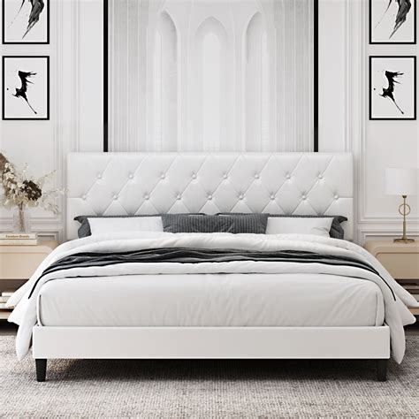 Homfa King Bed Frame, White Faux Leather Upholstered Button Tufted Low Profile Platform Bed ...