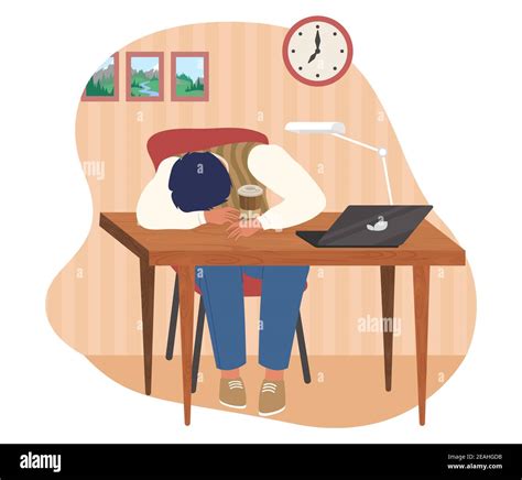 Tired office worker sleeping at the desk, flat vector illustration ...