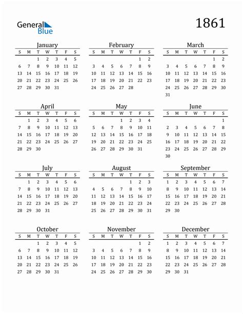 Year 1861 Free Printable 12-Month Calendar