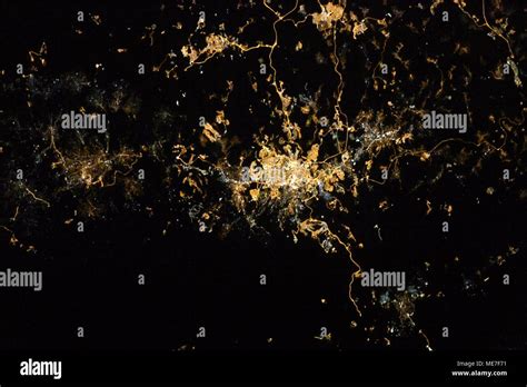 A satellite view of the city lights at night in Jerusalem, Israel as ...