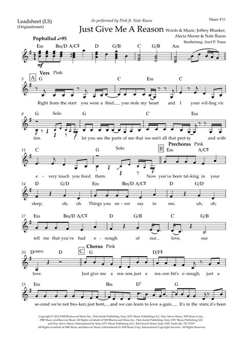 Just Give Me A Reason (arr. Josef Peter Traun) Sheet Music | Pink ...