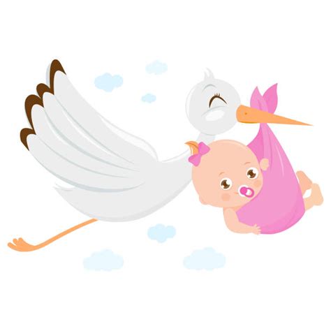 Stork With European Newborn Baby Girl Flying In Sky Illustrations, Royalty-Free Vector Graphics ...