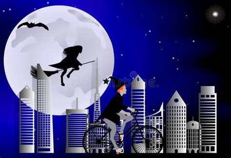 Witch Riding a Bike Around the City and the Witch Flying on a Broom Over the City in Celebration ...