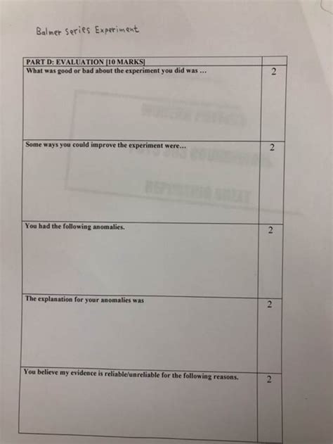 (Solved) - Balmer Series Experiment PART D: EVALUATION. Balmer Series ...