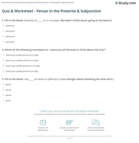 Quiz & Worksheet - Pensar in the Preterite & Subjunctive | Study.com