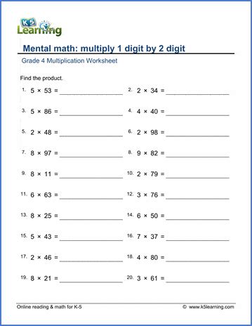 Grade 4 Mental Multiplication Worksheets - free & printable | K5 Learning