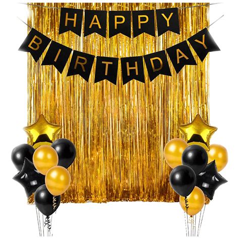 Cherishx Decoration Set Happy Birthday Banner Golden Fringe Foil Curtain Star Metallic Balloons ...