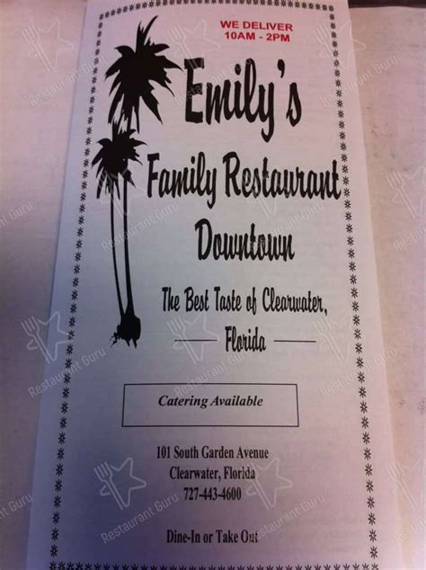 Menu at Emily's Restaurant, Clearwater, 101 S Garden Ave