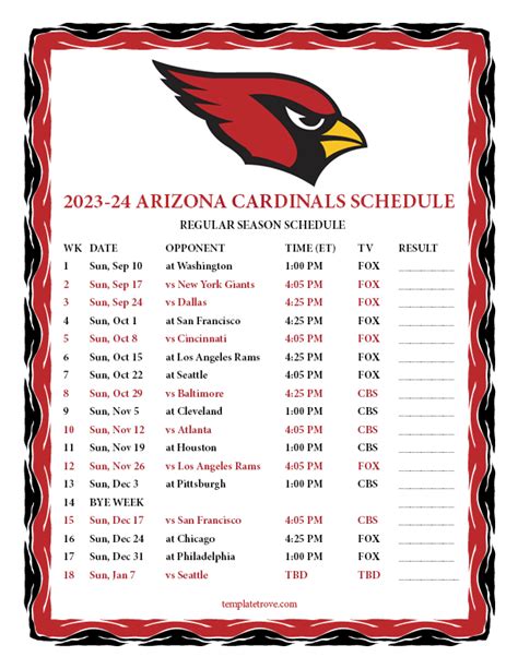 Printable 2023-2024 Arizona Cardinals Schedule