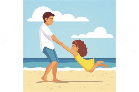 Father playing with his daughter | Beach cartoon, Children illustration, Family cartoon