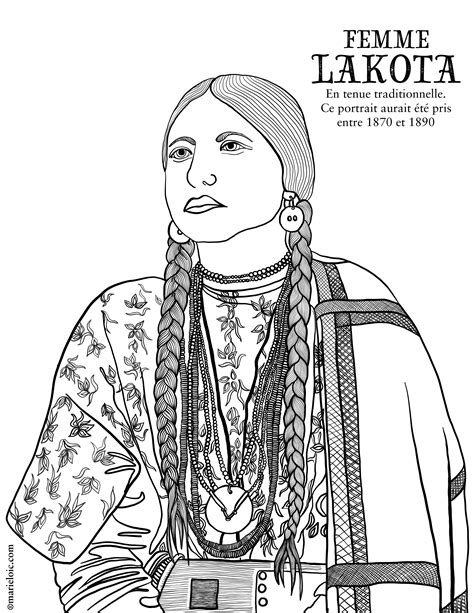 Dessin à colorier, femme Lakota | Marie-Loïc Sénamaud