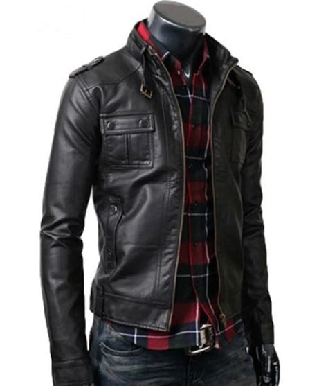 Men's Strap Collar Slim Fit Black Leather Jacket - Jackets Creator