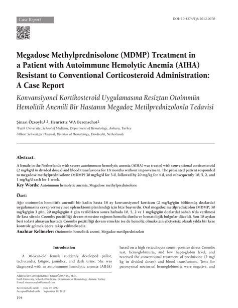 (PDF) Megadose Methylprednisolone (MDMP) Treatment in a Patient with Autoimmune Hemolytic Anemia ...