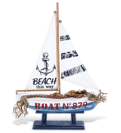 CoTa Global Ocean Blue Sailboat Decor - Large Handmade Wooden Boat Decor Cute Beach Style Model ...