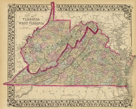 County Map of Virginia and West Virginia: (1875) Map | Art Source ...