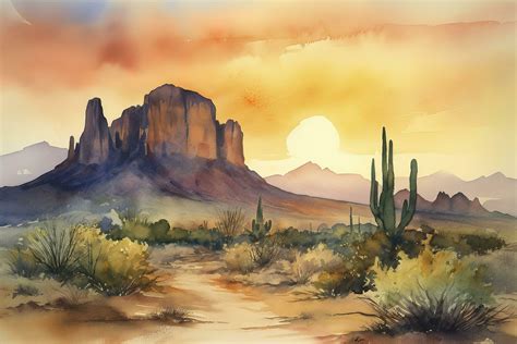 Paint a watercolor landscape of a desert scene with towering rock formations, intricate cacti ...