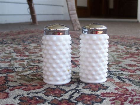 Fenton Hobnail Milk Glass 3.25" Salt & Pepper Shaker Set With Metal Lids | Hobnail milk glass ...