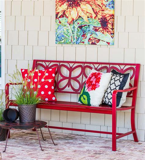 Red Metal Butterfly Garden Bench - Red | Plow & Hearth