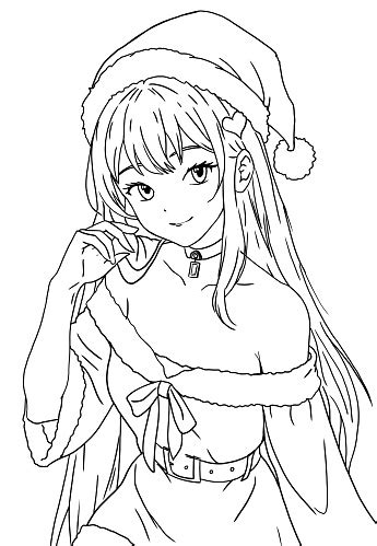 Sketch Of A Girl In Anime Style Wearing A Santa Claus Hat For Christmas Line Art Stock ...