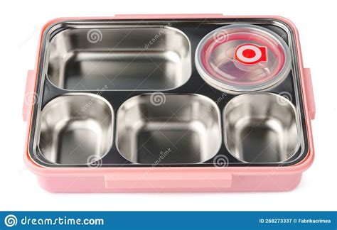 Empty Lunch Box with Metal Compartments Isolated on White Background. Stock Image - Image of ...