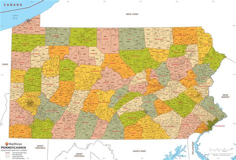 Pennsylvania ZIP Code Map with Counties by MapSherpa - The Map Shop