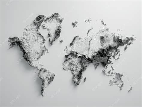 Premium Photo | 3d World Map Black And White Shaded Relief Hypsometric ...