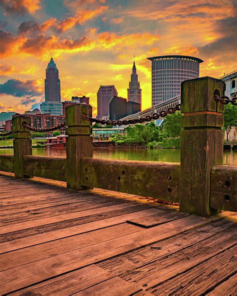 Downtown Cleveland Ohio Skyline Sunrise From The Cuyahoga Riverfront ...