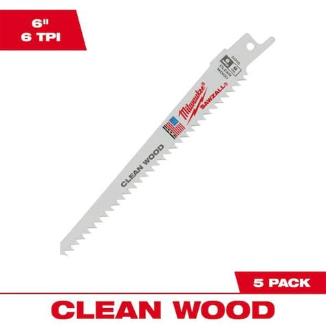 Milwaukee 6 in. 6 TPI Clean Wood Cutting SAWZALL Reciprocating Saw Blades (5-Pack) 48-00-5015 ...