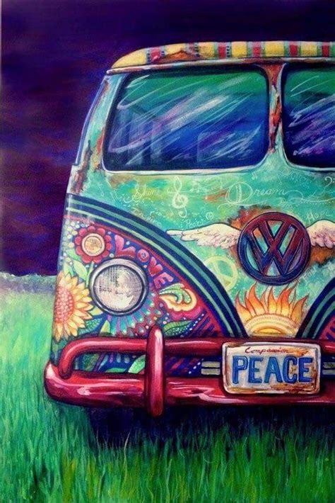 The Happy Hippie Place painting of Volkswagen bus with hippie-style art ...