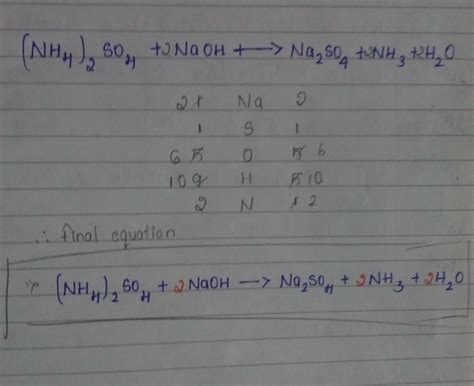 Balance the following equtions: (NH4)2SO4+NaOH->Na2SO4+NH3+H2O Plzz solve it.... - Brainly.in