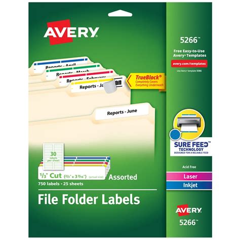 Avery TrueBlock File Folder Labels, 2/3" x 3-7/16", 750 Printable Labels, Assorted (5266 ...