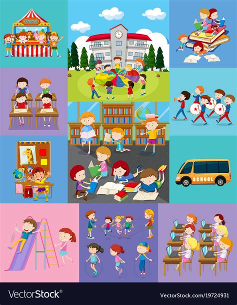 Children doing different activities at school Vector Image