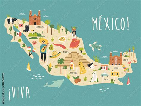 Vector illustration map with famous landmarks, symbols of Mexico. Stock Vector | Adobe Stock