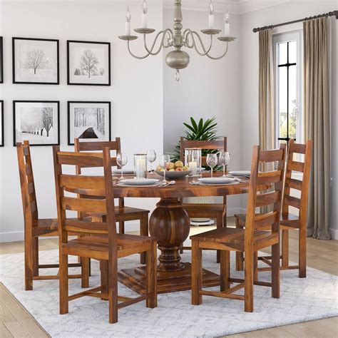 Round Solid Wood Dining Table Set With 6 Chairs In Natural Finish ...