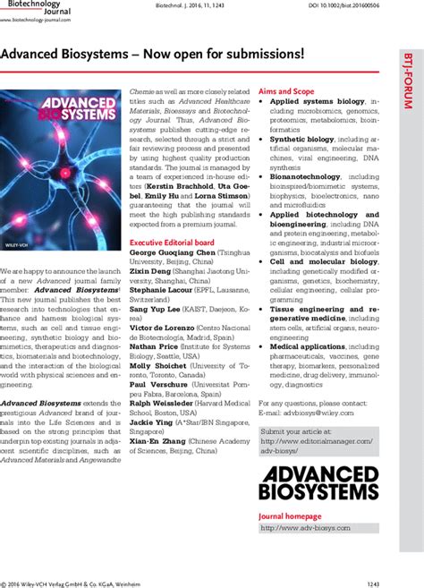 Advanced Biosystems – Now open for submissions! - 2016 - Biotechnology Journal - Wiley Online ...