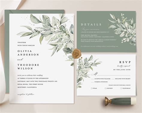 Sage Green Minimalist Wedding Invitation Template, Eucalyptus Wedding Invite Set, Elegant Boho ...