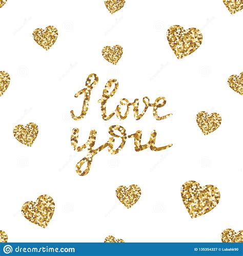 I Love You-hand Drawn Glitter Quote. Gold Glittering Lettering Card with Hearts. Valentines Day ...