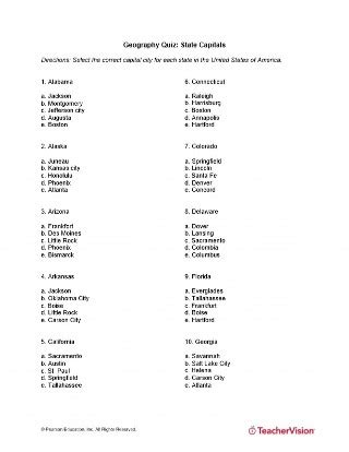 States and Capitals Quiz (Printable, Grades 5-8) - TeacherVision