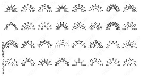 Black line half sun icon set. Logo blank frame for tattoo. Simple outline different shape ...