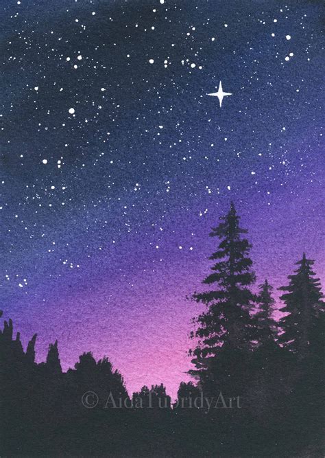 Purple Night Sky Galaxy Painting Nature Art Forest Sunset - Etsy