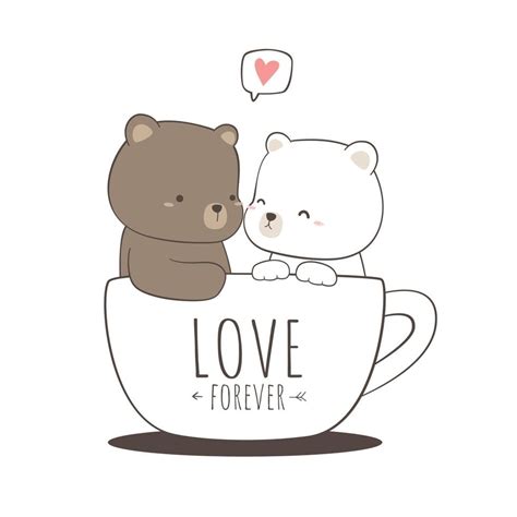 Cute teddy bear and polar bear couple sitting in a coffee cup cartoon doodle 2225668 Vector Art ...