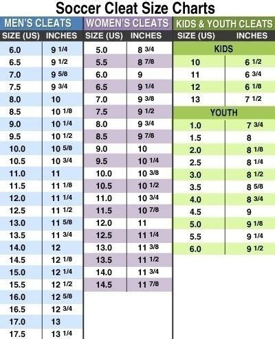 Youth Soccer Cleat Size Chart