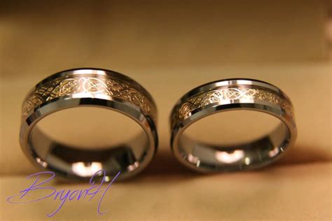 Tungsten Wedding Bands Set, Matching Size Tungsten Wedding Ring, Inlay Gold, Engraved Ring ...